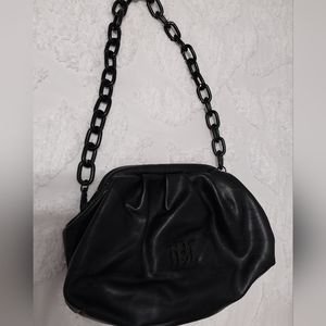 Badgley Mischka Vegan Leather Wrapped Frame Clutch Black Purse Metal Chain Strap